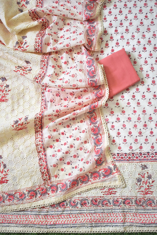 Elegant Block print cotton suit with Schiffli work