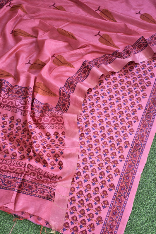 Elegant Hand Block printed Moonga Tussar Silk Kurta Dupatta Set