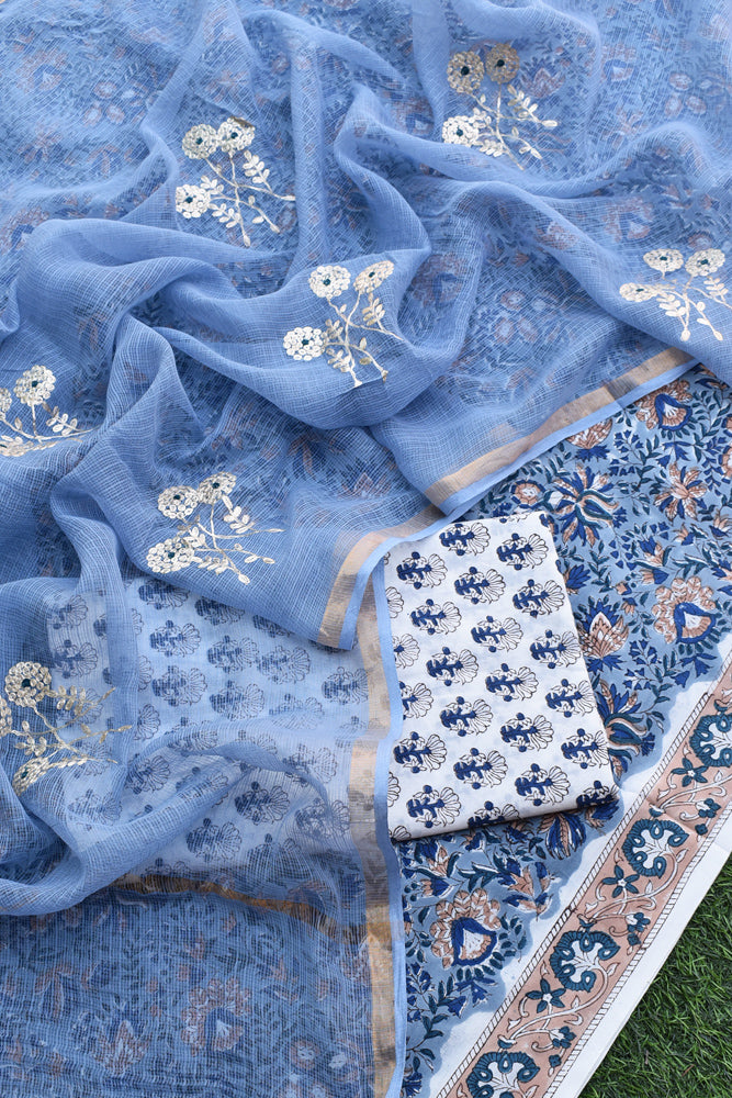 Beautiful Hand Block Printed Cotton unstitched suit fabric with Kota Doria Dupatta with Pittan & Meena work bootis