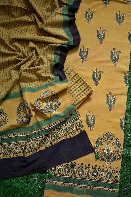 Hand Block Print Ajrakh Cotton Suit with designer Ajrakh neck yoke pattern