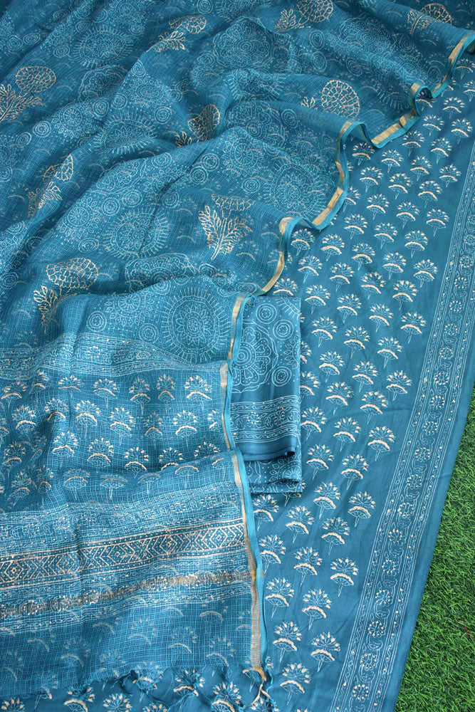 Beautiful Khadi ( खड़ी) Hand Block Printed Cotton unstitched suit fabric with Kota Doria Dupatta