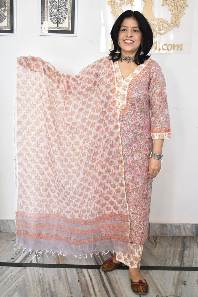 Hand Block Printed Cotton suit with Hand Embroidery - Kurta , Kota Dupatta & Pant - size 38, 40, 42, 44, 46