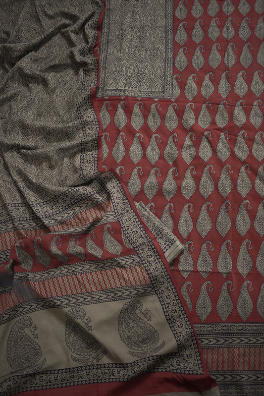 Bagh Hand Block Printed unstitched 3 pc Cotton suit fabric with Placement block print from MP