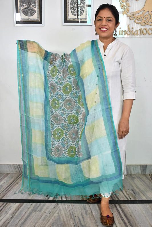 Hand Block Printed & Brush painted  Kota Doria Cotton Dupatta