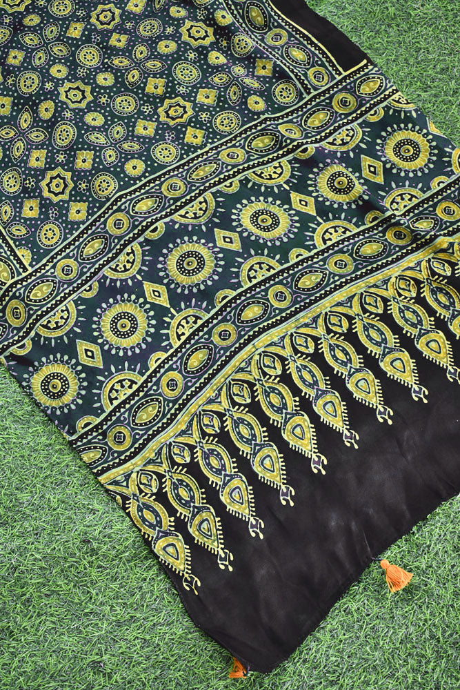 Beautiful Hand Block Printed Ajrakh Modal Silk stole with Tassels