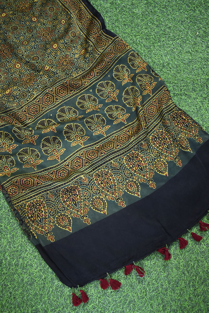 Beautiful Hand Block Printed Ajrakh Modal Silk stole with Tassels