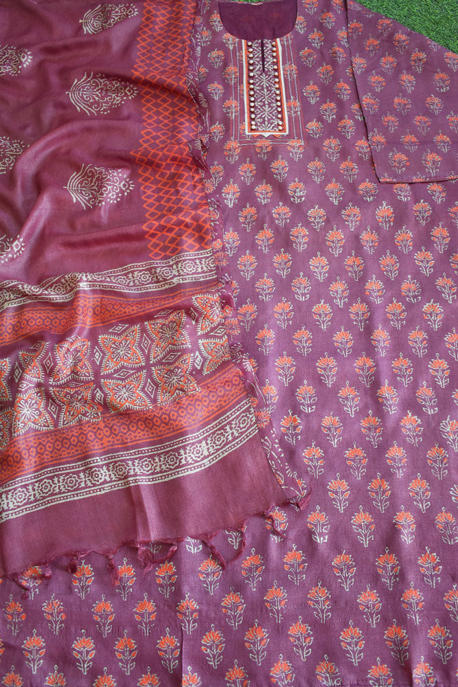 Semi Stitched Block Printed Tussar Silk Dupatta  & Tussar Kurta Fabric