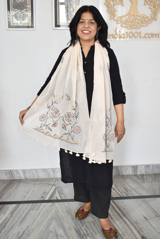 Beautiful Soft Cotton Voile Stole with Kantha work & hand embroidery & tassels