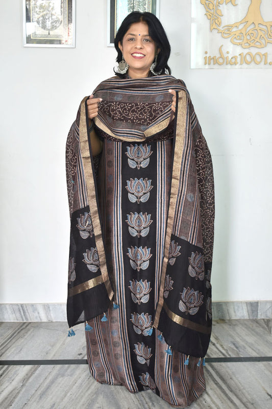 Beautiful Hand Block printed Kutch Ajrakh Chanderi Kurta and Lagdi patta dupatta set