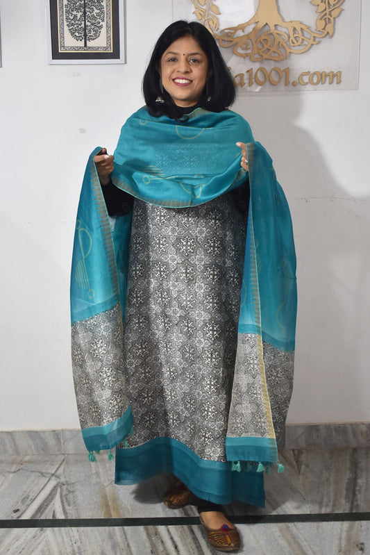 Beautiful Hand Block Printed Maheshwari Silk Cotton Unstitched suit fabric with Ghicha borders