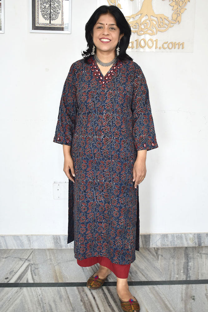 Beautiful Hand Block Printed Ajrakh Cotton kurta with Kutch Mirror work , Size 38 to 50 ( all sizes)