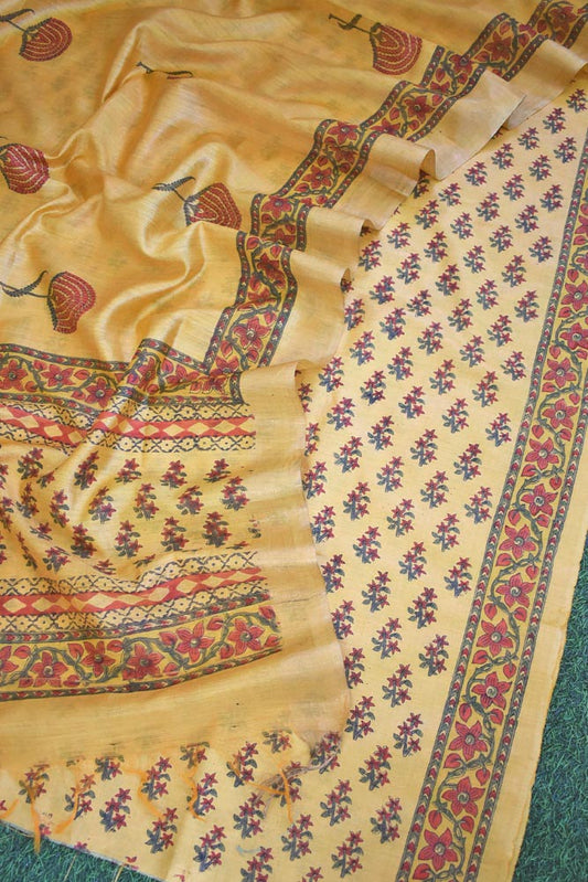 Elegant Hand Block printed Moonga Tussar Silk Kurta Dupatta Set