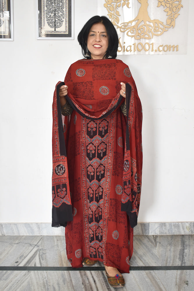 Ajrakh Hand Block Print Georgette Dupatta & Georgette Kurta Fabric