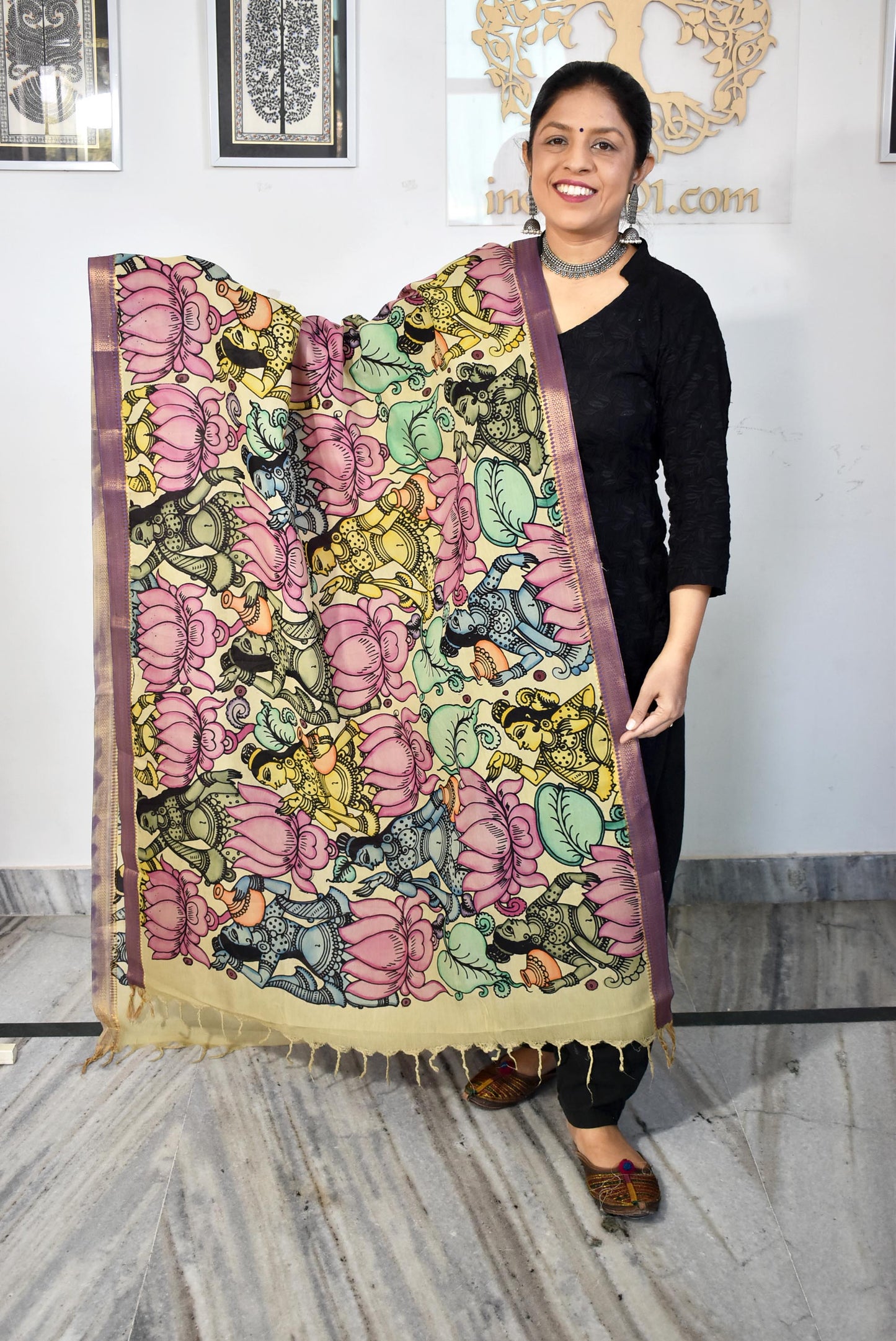 Beautiful Bangalore Cotton Silk Hand Painted Kalamkari Dupatta