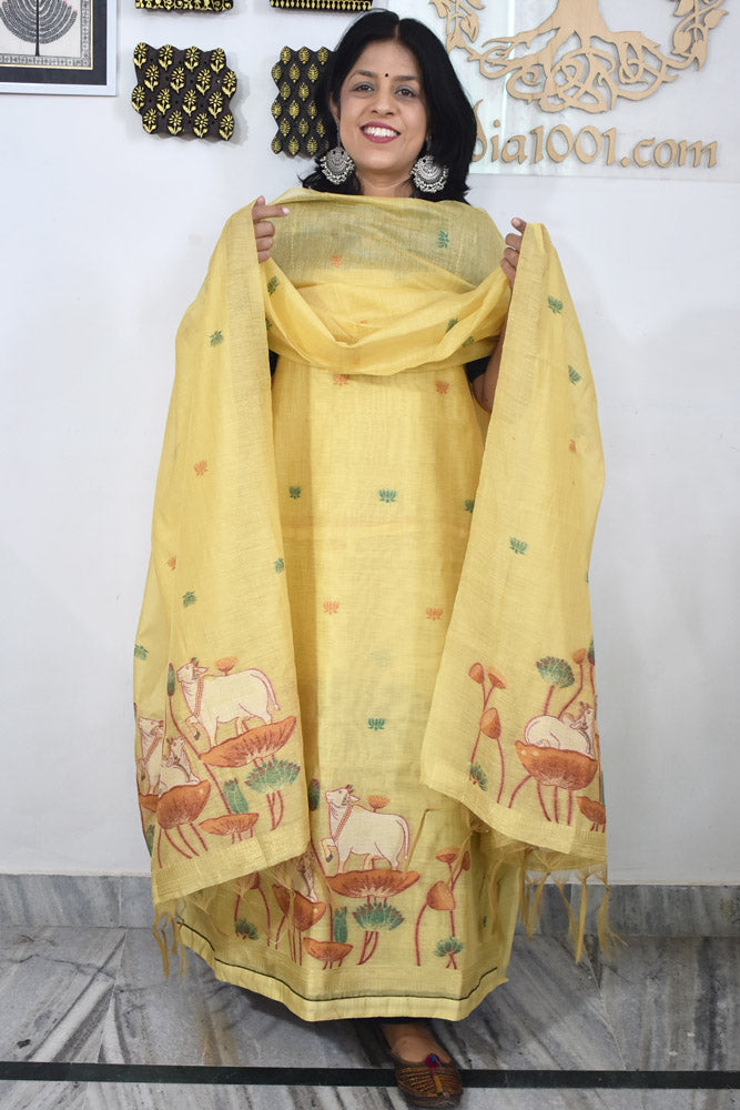 Beautiful  Banarasi Chanderi cotton silk unstitched suit fabric with Woven Pichwai motifs