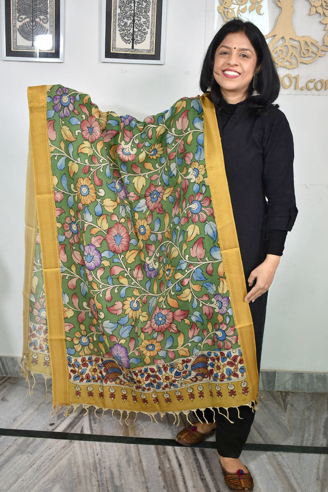 Beautiful Bangalore Cotton Silk Hand Painted Kalamkari Dupatta