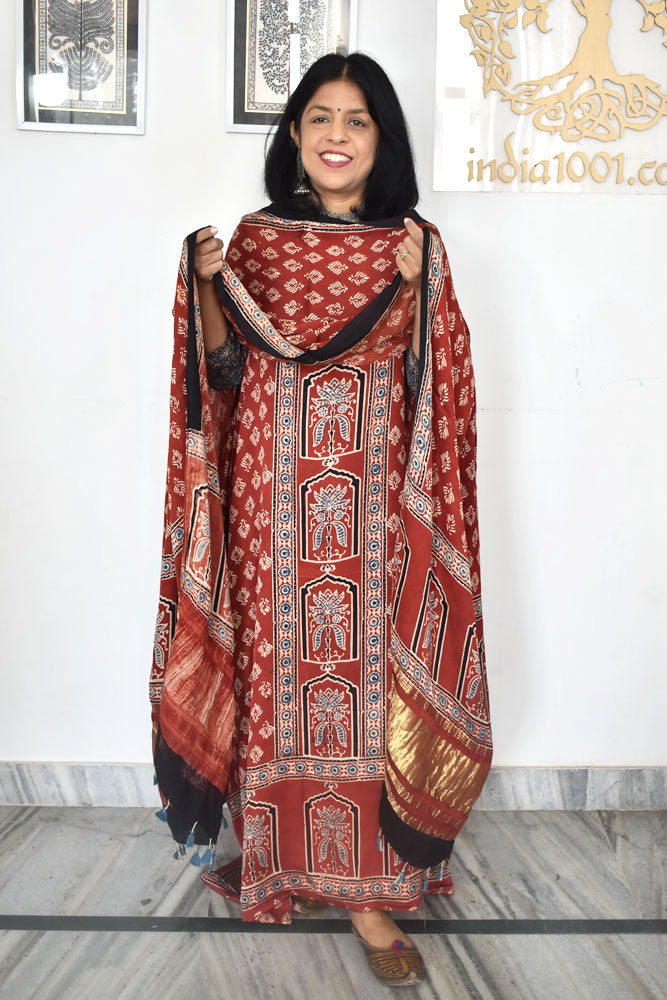 Beautiful Hand Block printed Kutch Ajrakh Modal silk suit with Lagdi patta