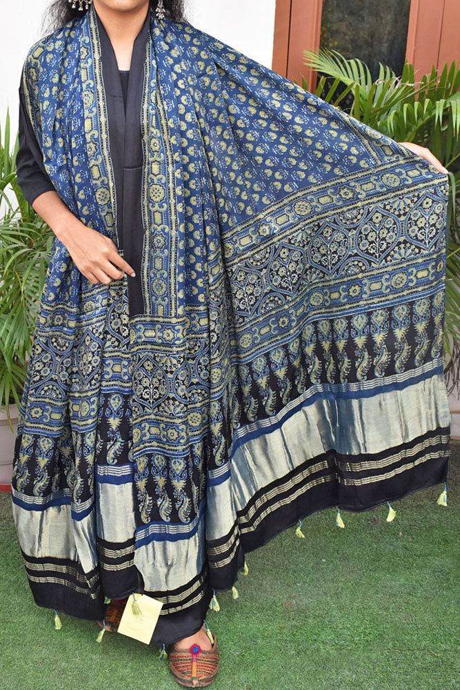 Elegant Modal Silk Ajrakh Block Print Dupatta with Lagdi Palla