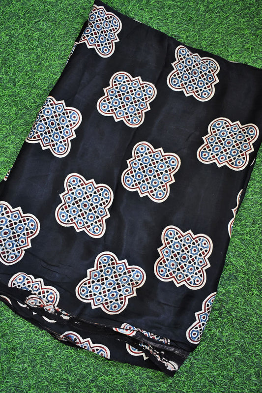 Beautiful Modal Silk Ajrakh Hand Block Print Fabric - 2.5 mtrs cut