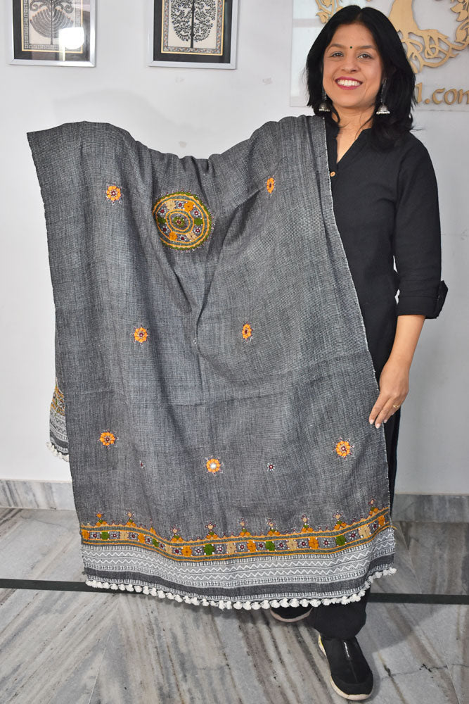 Handwoven Bhujodi Intricate Hand Embroidery & Hand  Mirror Work Woolen  Shawl