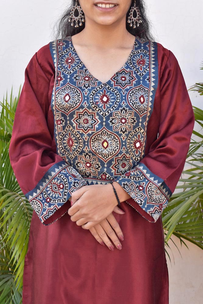 Beautiful Mashru Silk Kurta with Ajrakh patch Kutch & mirror work size with Mashru pant - 38 - 44