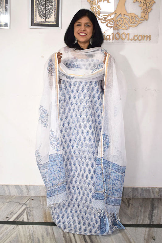 Beautiful Kota Doria cotton suit with Block print