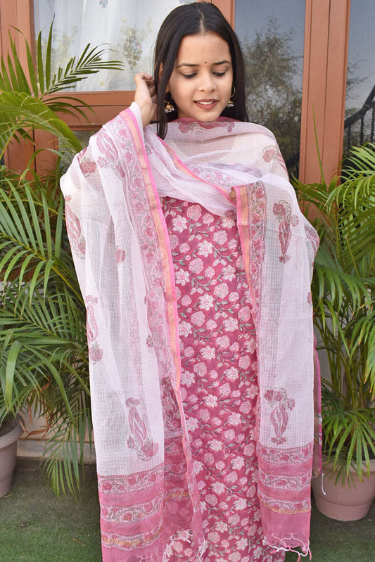 Beautiful Hand Block Printed Cotton unstitched suit fabric with Kota Doria Dupatta