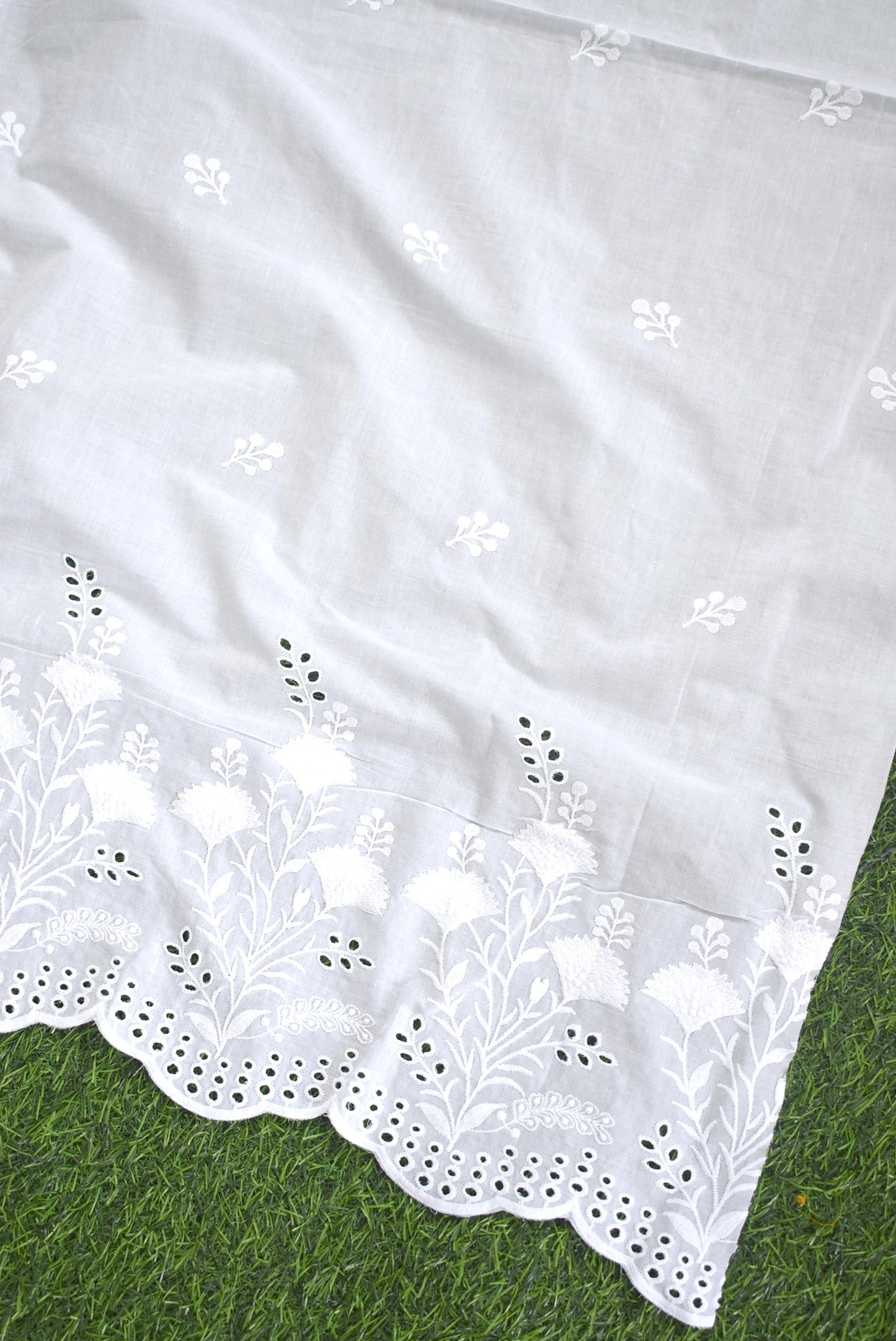 Beautiful cotton ( bottom) fabric with schiffli work & embroidery - 2.5 mtrs - color White - dyeable