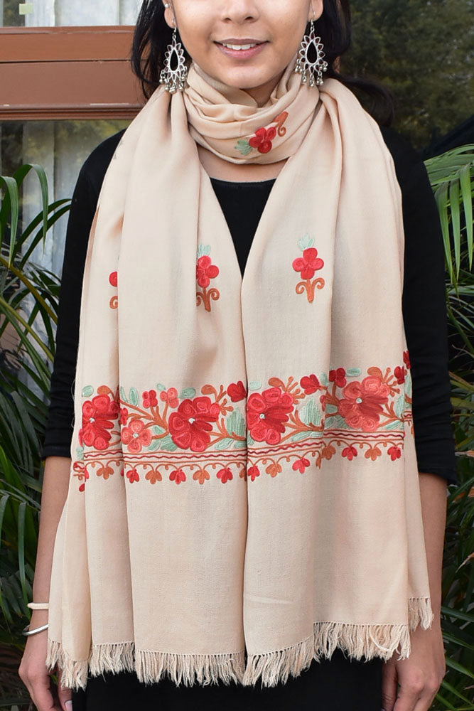 Elegant, Fine& Soft Semi Pashmina Woolen Stole with Aari work Embroidery