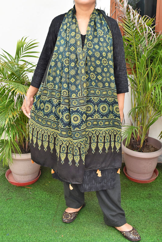 Beautiful Hand Block Printed Ajrakh Modal Silk stole with Tassels