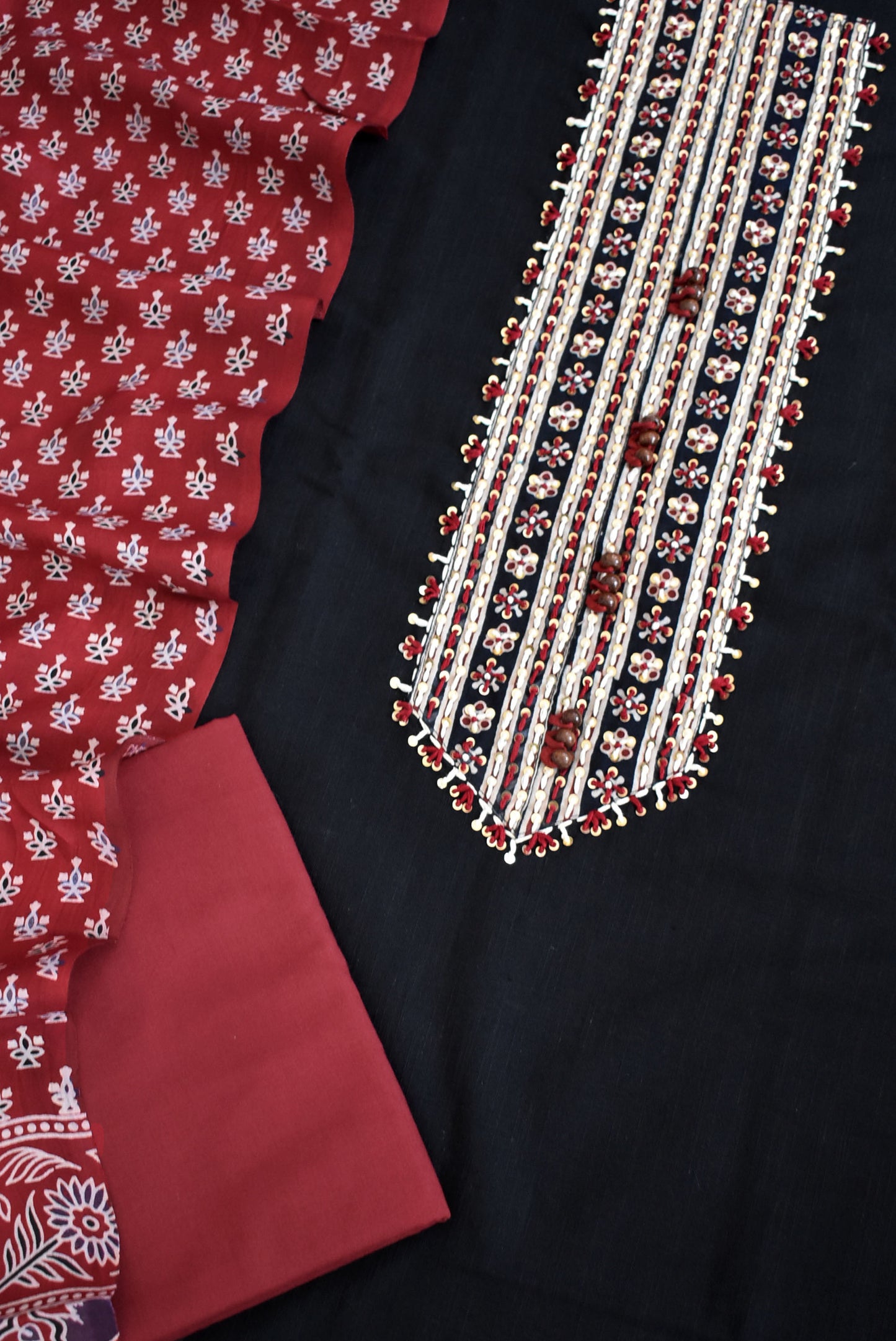 Beautiful  Cotton Unstitched Suit with Neck patch, Intricate Hand Embroidery & Block print Muslin dupatta