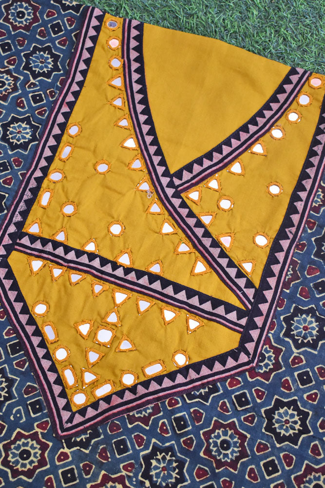 Designer Ajrakh Cotton Short Kurta Fabric with Kutch Mirror Work patch