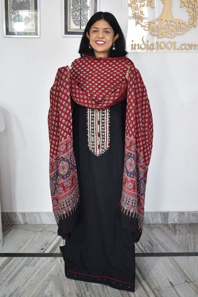 Beautiful  Cotton Unstitched Suit with Neck patch, Intricate Hand Embroidery & Block print Muslin dupatta