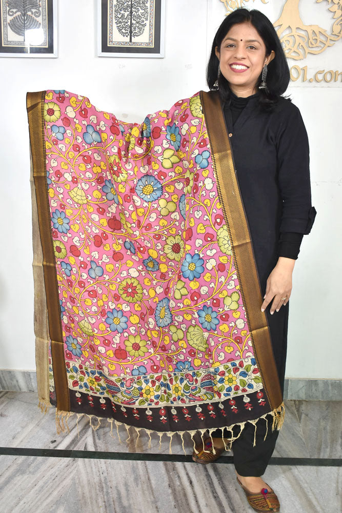 Beautiful Bangalore Cotton Silk Hand Painted Kalamkari Dupatta