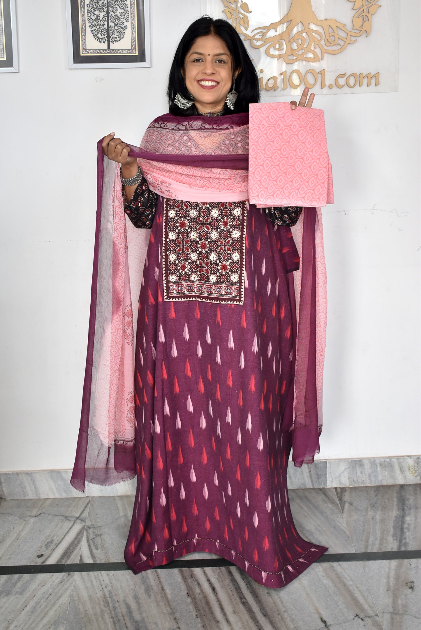 Elegant Handwoven Ikkat Cotton Unstitched Suit with Ajrakh patch ,Intricate Hand Embroidery block print  dupatta