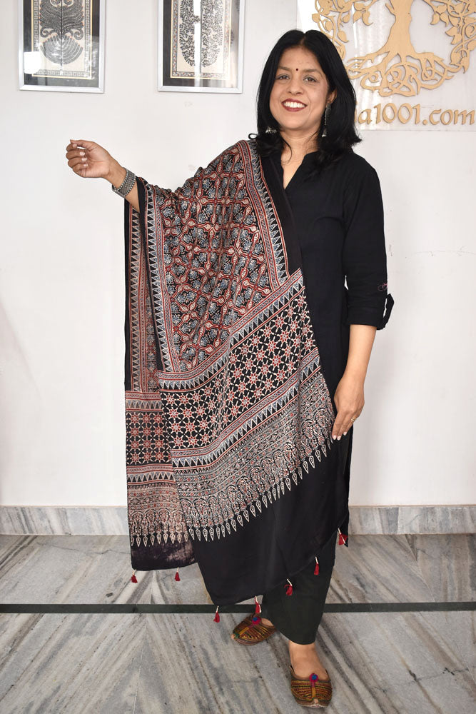 Beautiful Hand Block Printed Ajrakh Modal Silk stole with Tassels