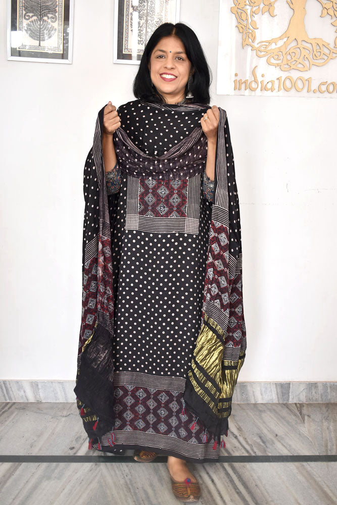 Beautiful Hand Block printed Kutch Ajrakh Modal silk suit with Lagdi patta