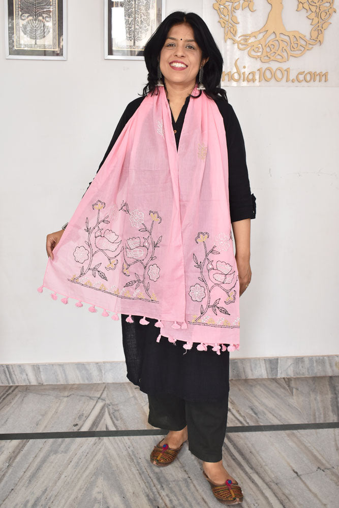 Beautiful Soft Cotton Voile Stole with Kantha work & hand embroidery & tassels