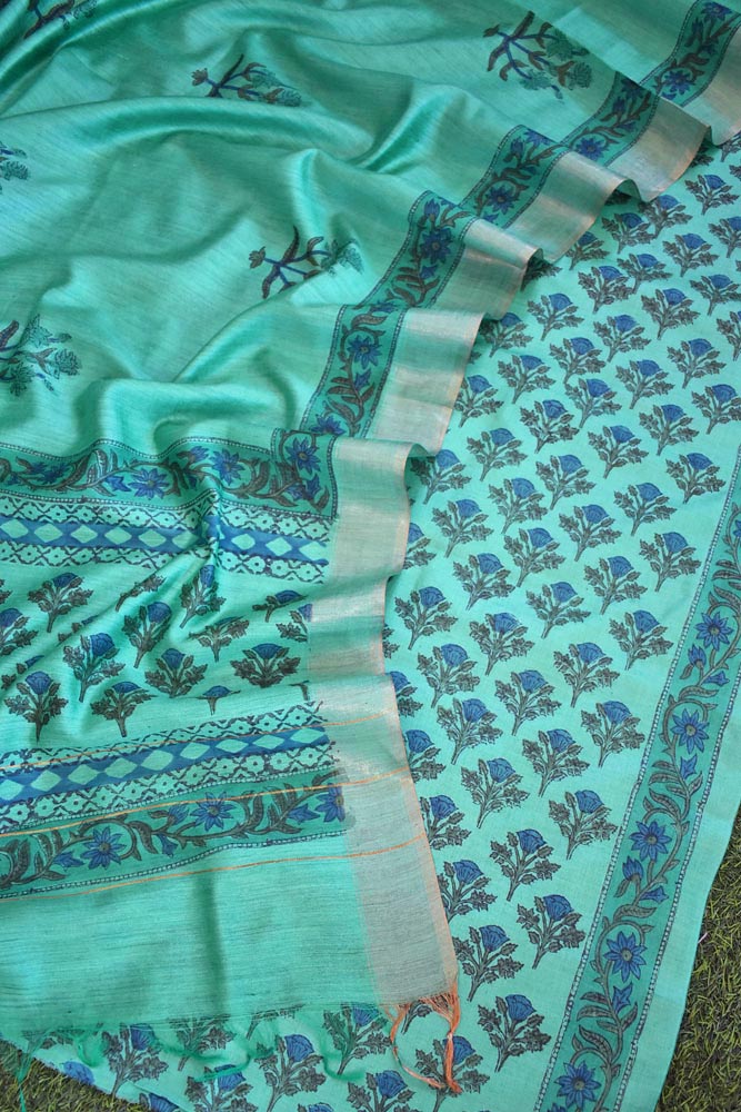 Elegant Hand Block printed Moonga Tussar Silk Kurta Dupatta Set