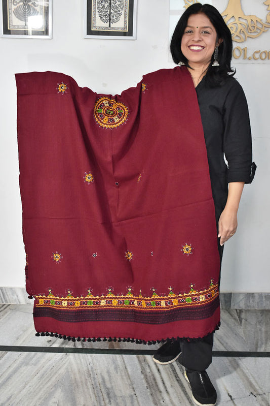 Handwoven Bhujodi Intricate Hand Embroidery & Hand  Mirror Work Woolen  Shawl