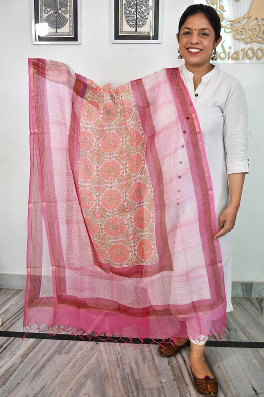 Hand Block Printed & Brush painted  Kota Doria Cotton Dupatta