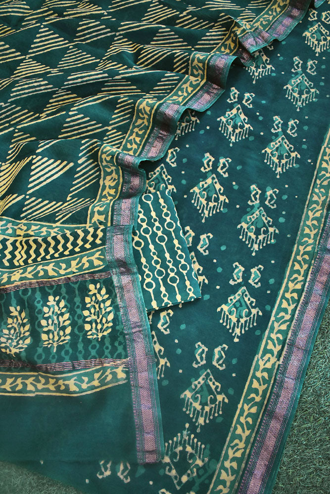 Beautiful Jahota Hand Block Printed Maheshwari Silk Cotton set with Bottom