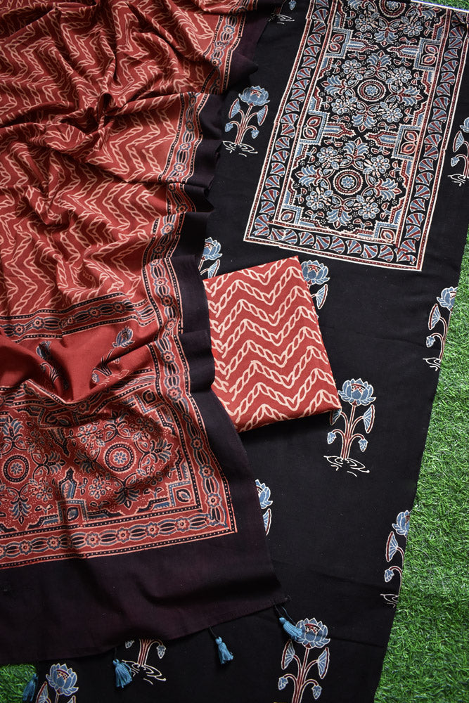 Hand Block Print Ajrakh Cotton Suit with designer Ajrakh neck yoke pattern