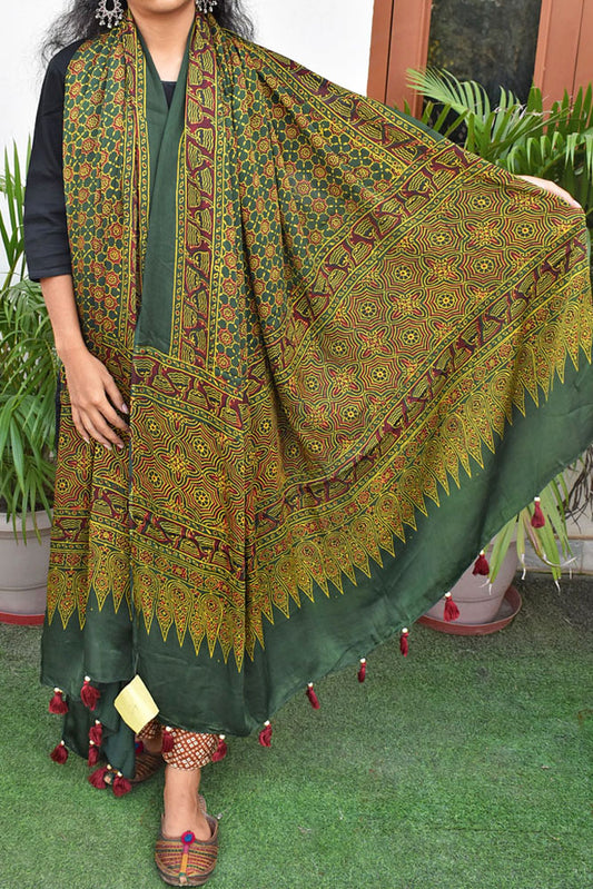 Elegant Modal Silk Ajrakh Block Print Dupatta with tassels