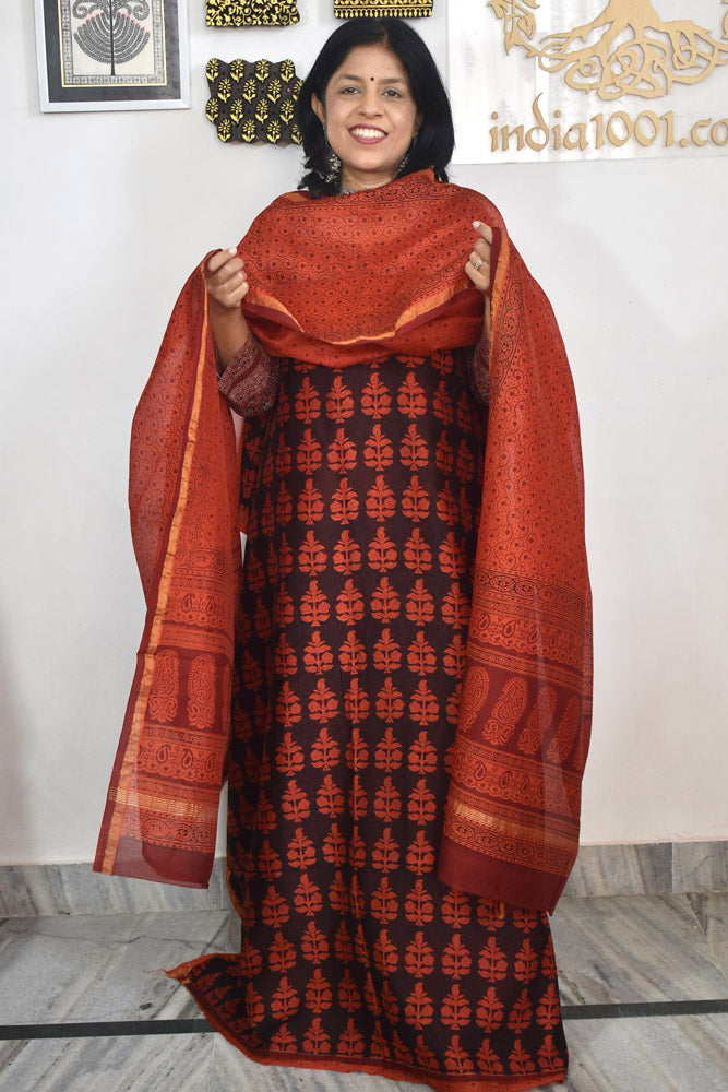 Classic Bagh Hand Block Printed unstitched 3 pcs Chanderi suit fabric