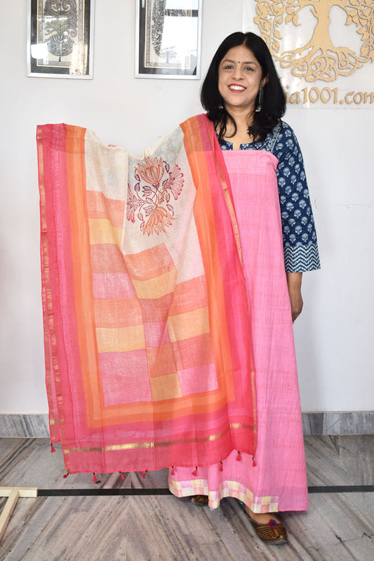 Hand Block Print Cotton suit with Chanderi dupatta