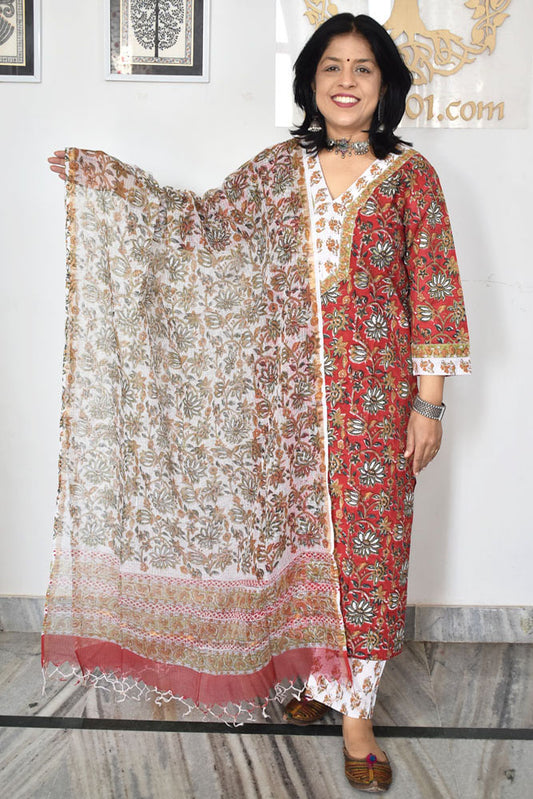 Hand Block Printed Cotton suit with Hand Embroidery - Kurta , Kota Dupatta & Pant - size 38, 40, 42, 44, 46