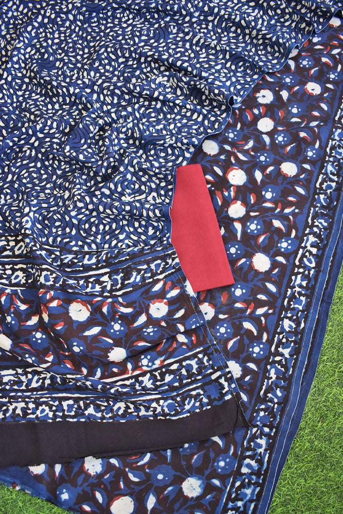 Hand Block Printed Muslin unstitched suit fabric with cotton bottom