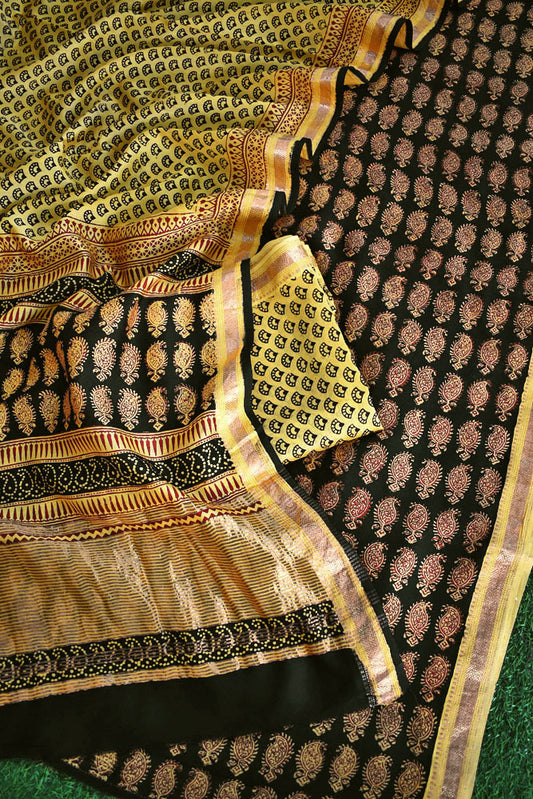 Bagh Hand Block Printed unstitched 3 pcs Handwoven Maheshwari suit fabric with Zari borders & Lagdi ( zari palla )