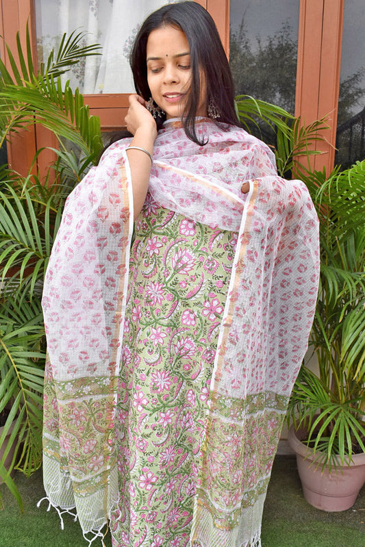 Beautiful Hand Block Printed Cotton unstitched suit fabric with Kota Doria Dupatta